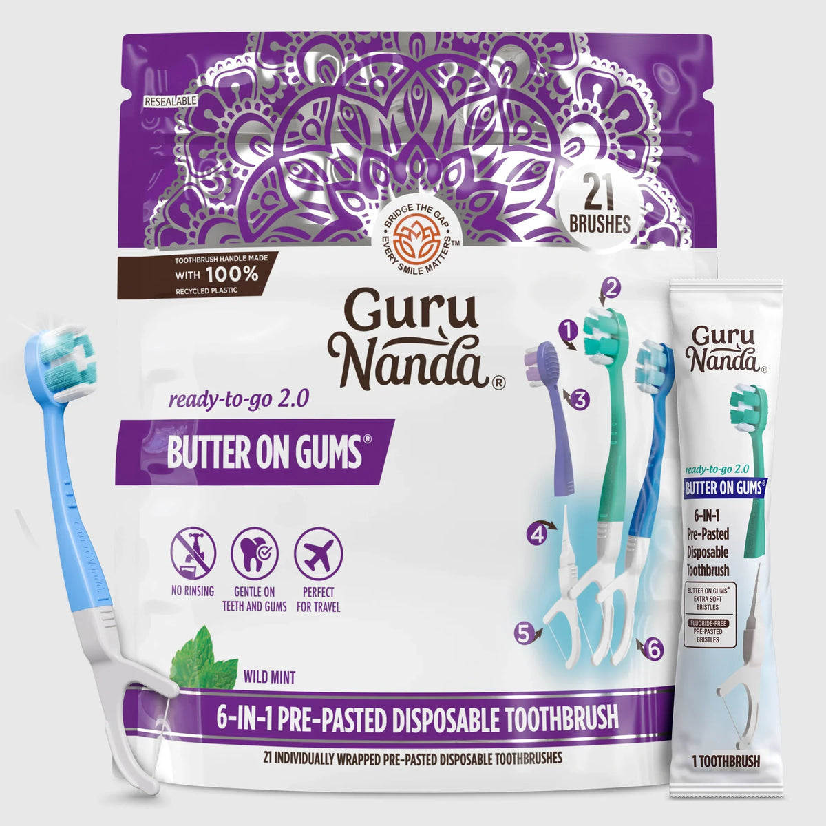 6-in-1 Ready to Go Butter on Gums Pre-Pasted Toothbrushes 2.0